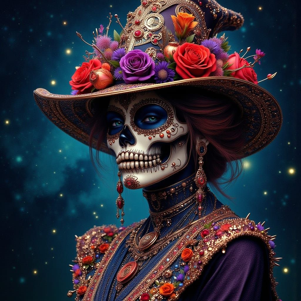 Día de Muertos Skull Witch Hat with Celestial Sky