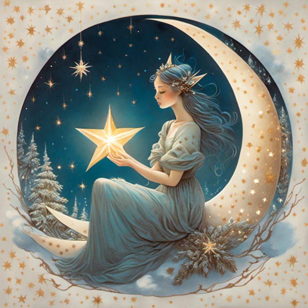 Woman on Moon with Christmas Star in Digital Art