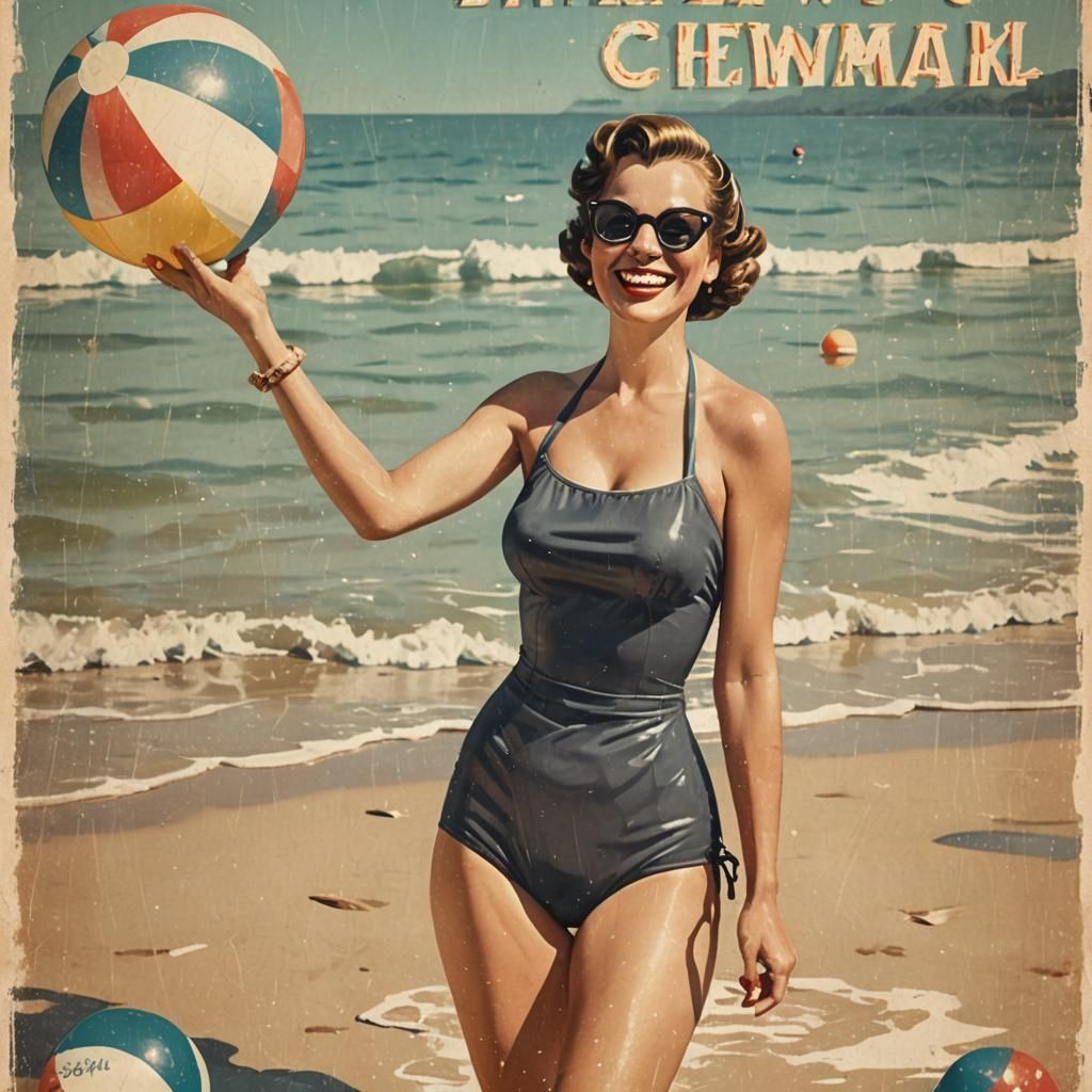 Retro Seaside Travel Poster with 1950s Beach Scene