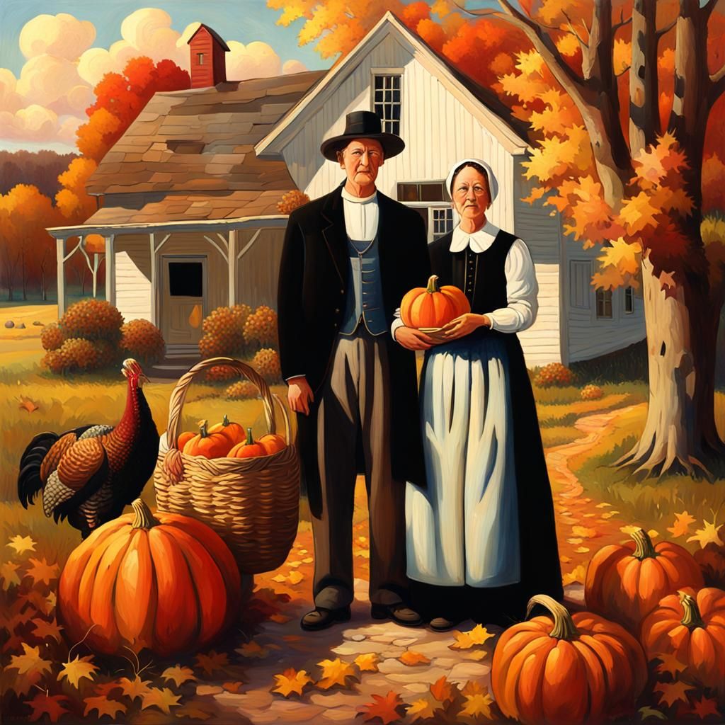 Thanksgiving Couple in American Gothic Style