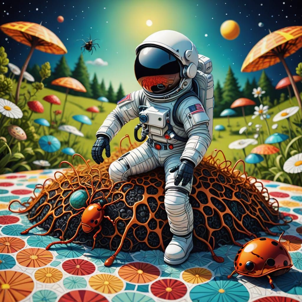 Astronaut Ant in Vibrant Zentangle Landscape