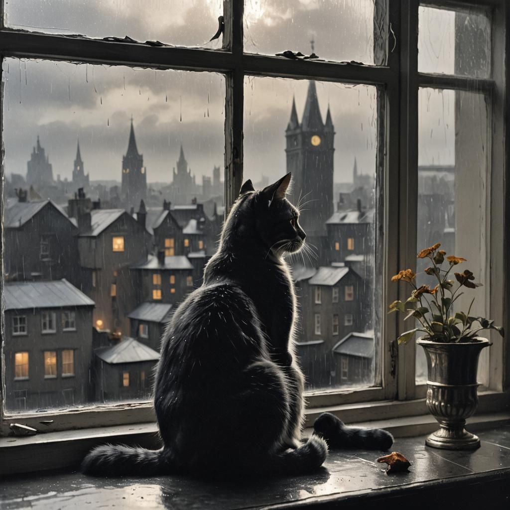 Cat Gazing at Rainstorm from Window