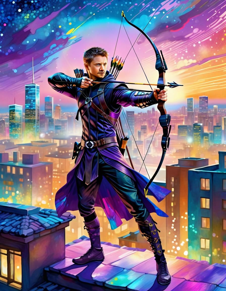 Hawkeye on Rooftop in Vaporwave Nightscape