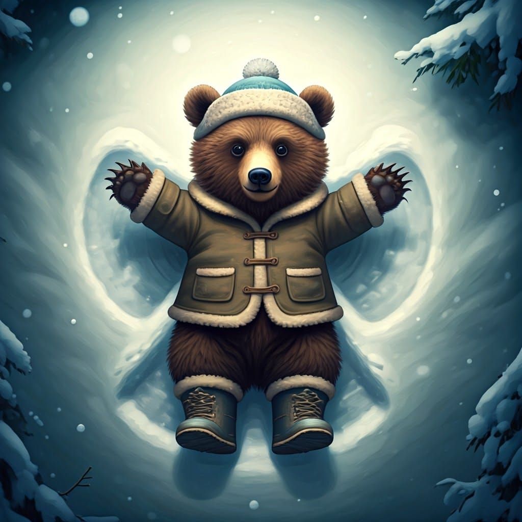 A Small Brown Bear Cub Makes a Snow Angel in a Winter Wonder...