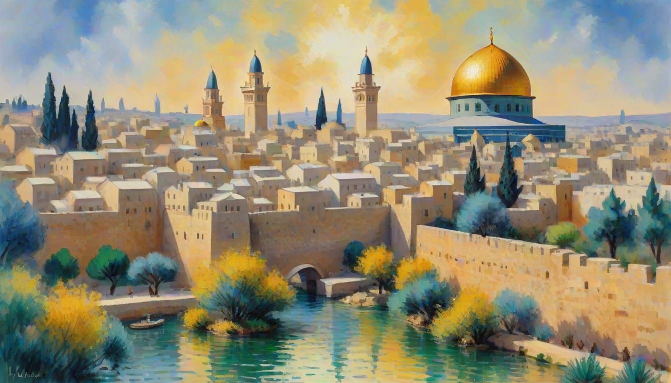 Impressionist Masterpiece in Gouache Style Depicting Jerusal...
