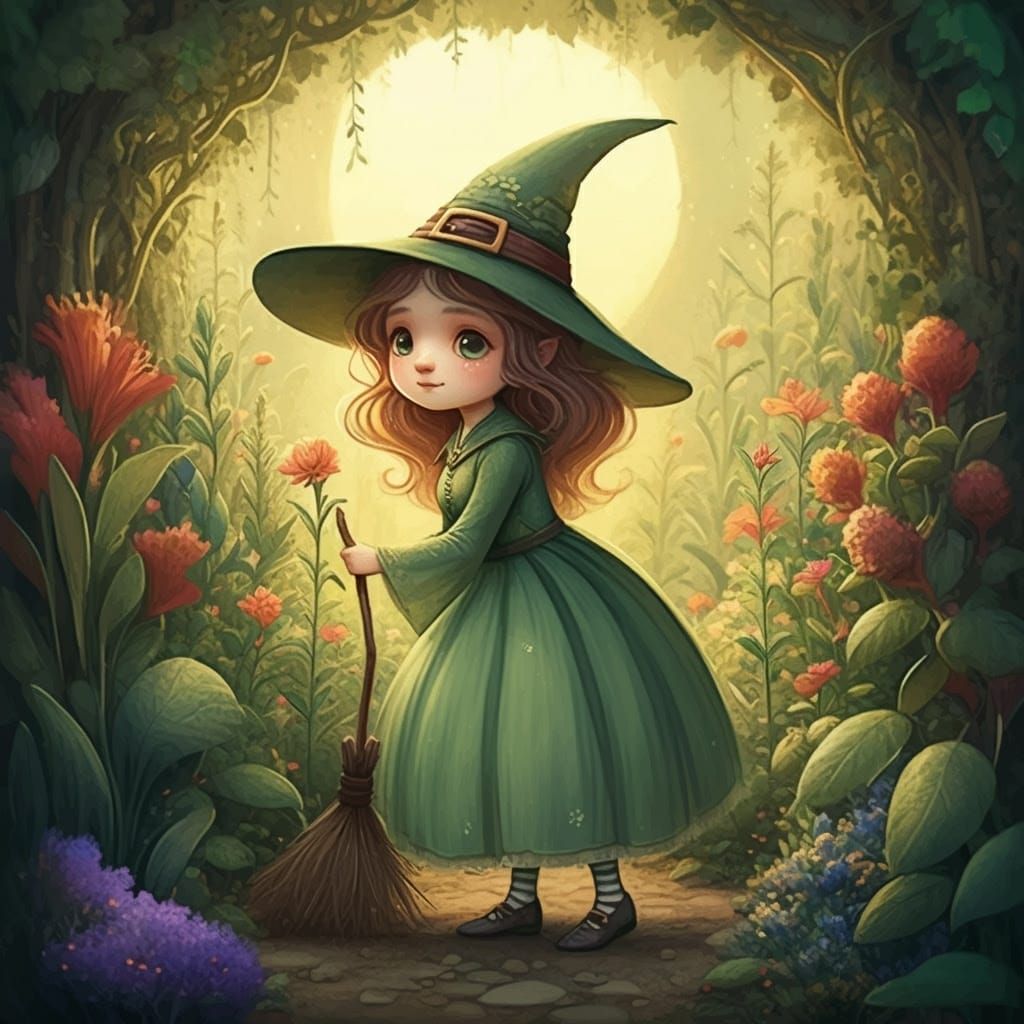 Whimsical Witch in Enchanted Garden, Fairytale Art