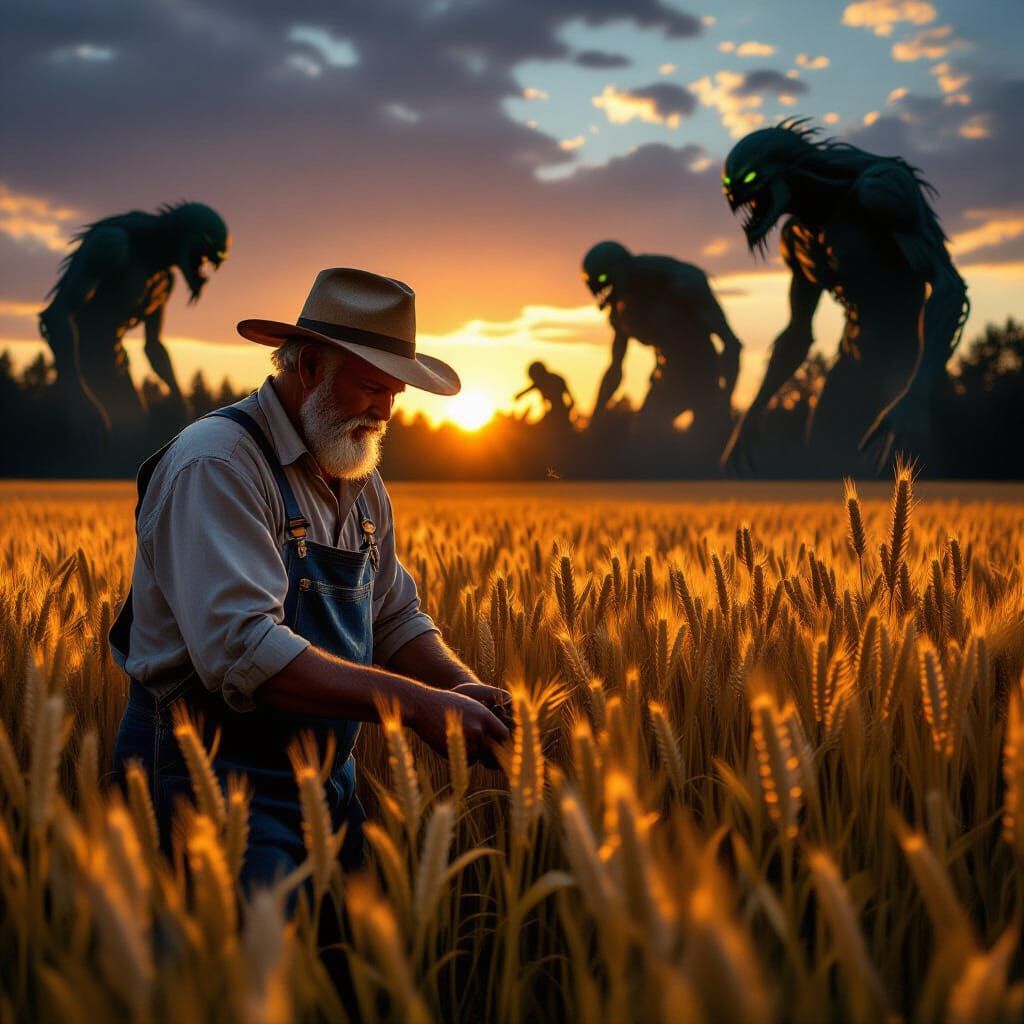 Menacing Monsters Approach Farmer at Sunset: Dark Realism
