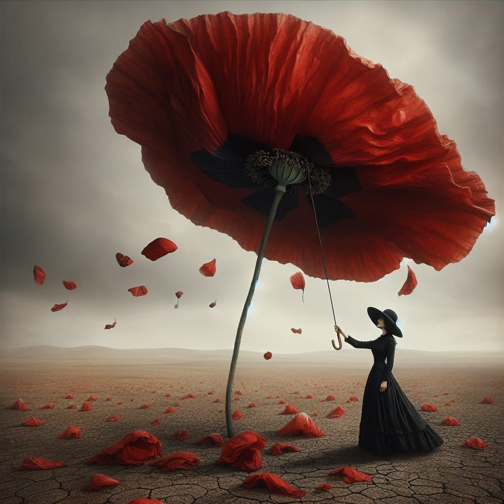 A Woman Under a Giant Red Poppy Umbrella in a Desolate Lands...