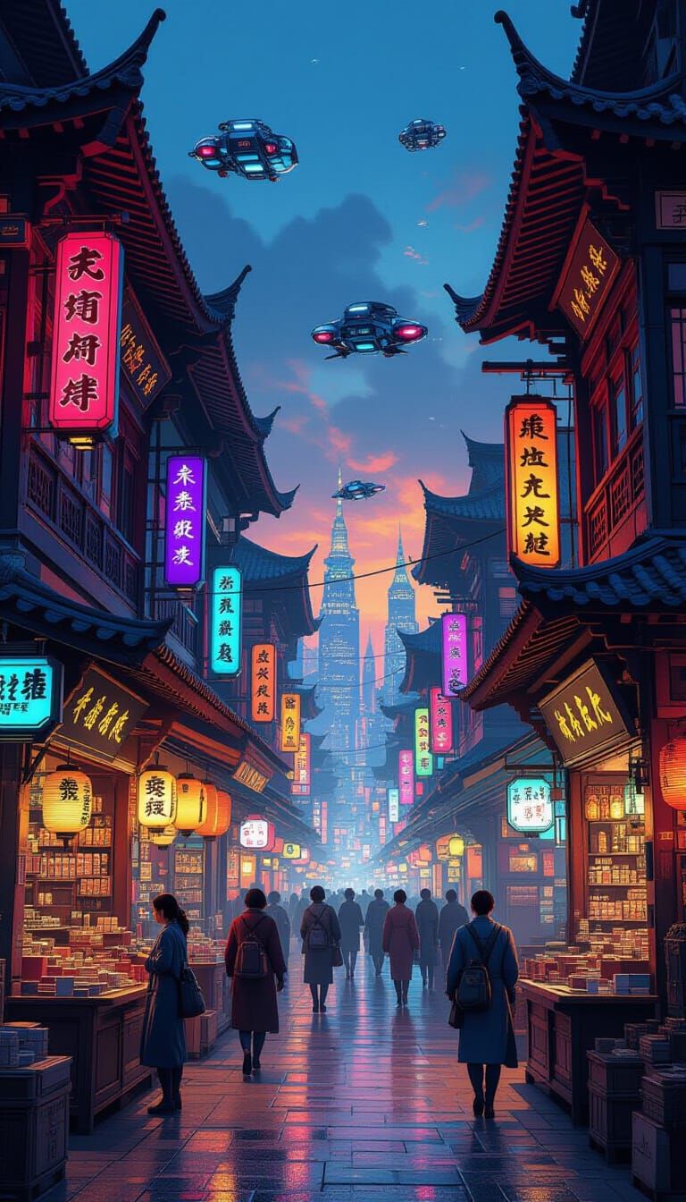 Cyberpunk Oriental Market at Dusk