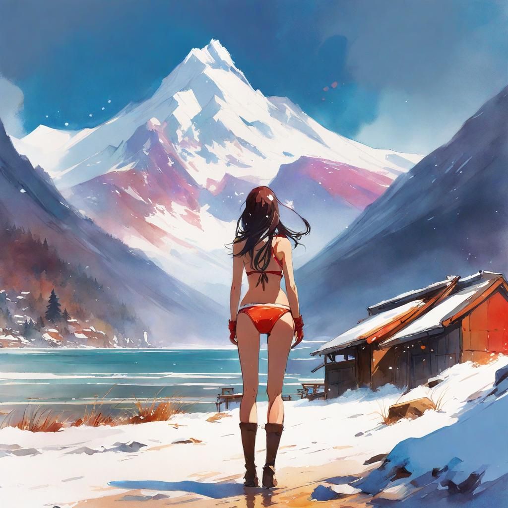 Snowy Beach Anime Girl: Watercolor Manga Painting