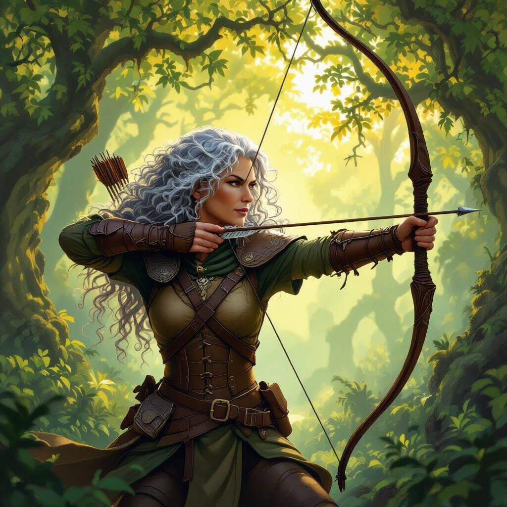 Elderly Ranger Archer in Sunlit Ancient Forest