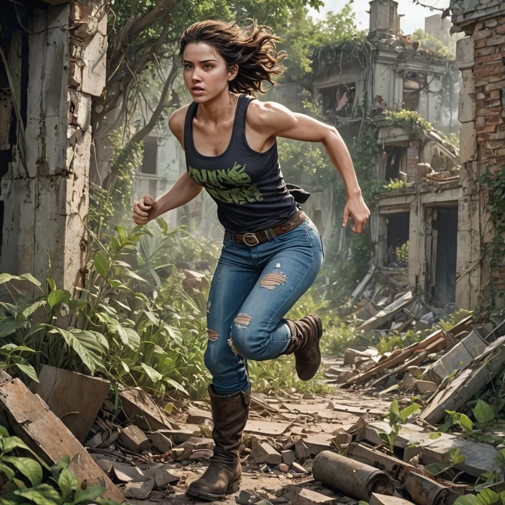 Woman Running Through Ruins in Comic Book Art
