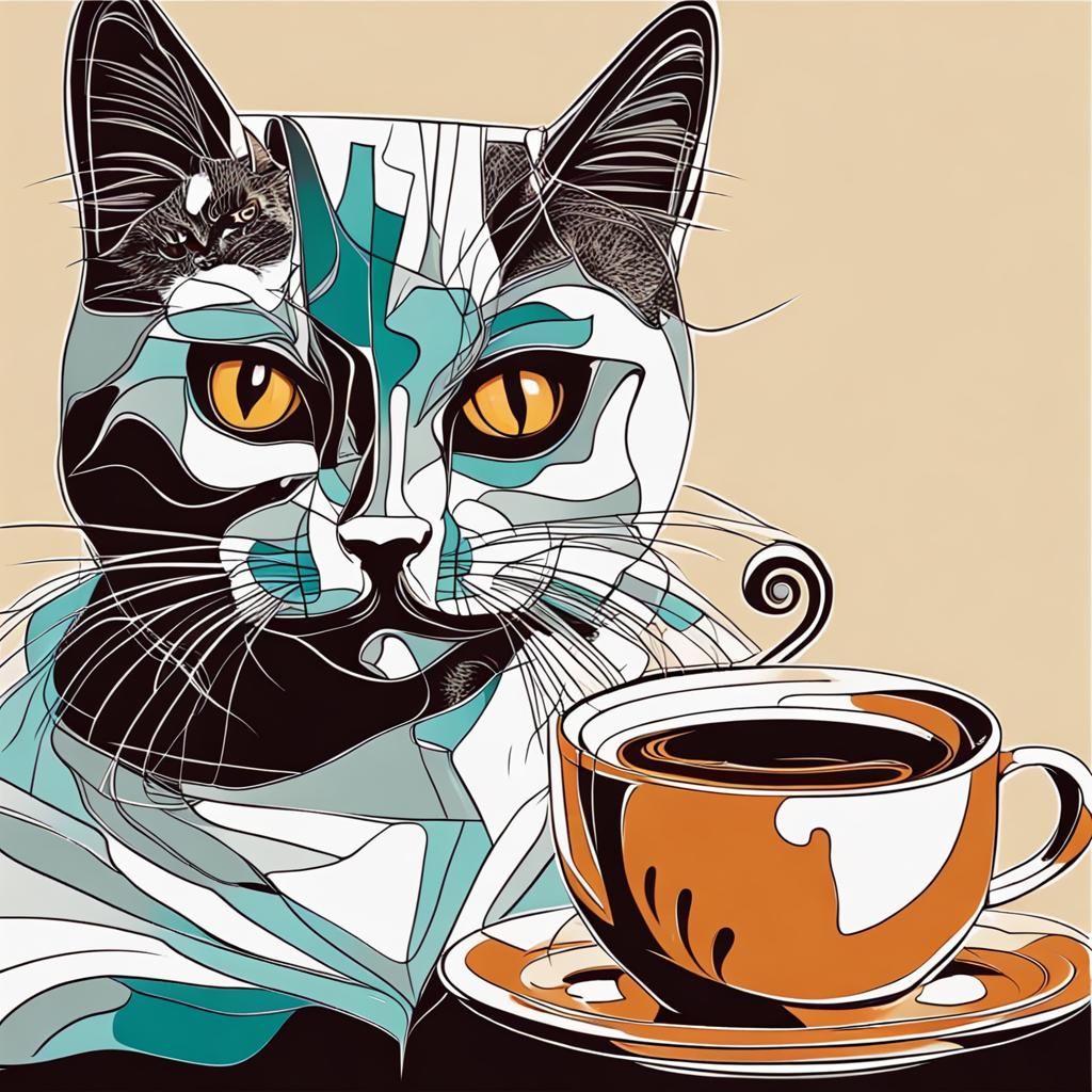 Abstract Cat and Coffee Art in Complementary Colors