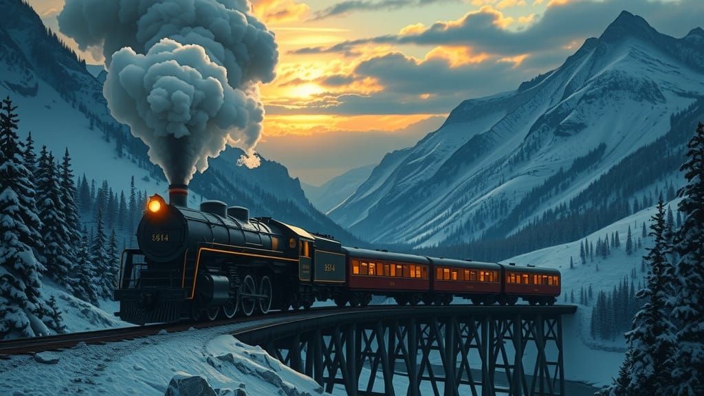 Steam Locomotive #844 Crosses Trestle in Winter Twilight