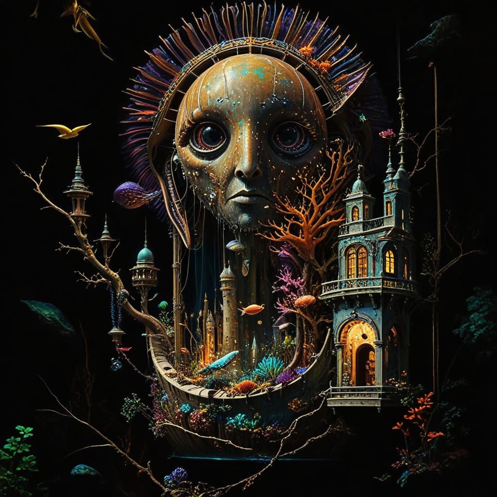 Nautilus Submarine in Bioluminescent Underwater City