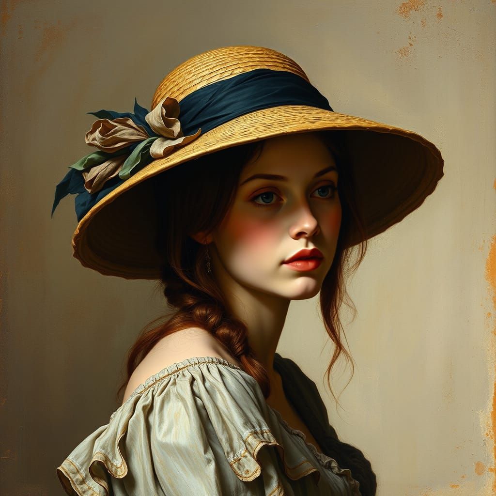 Beautiful Woman in Hat as Impasto Oil Painting