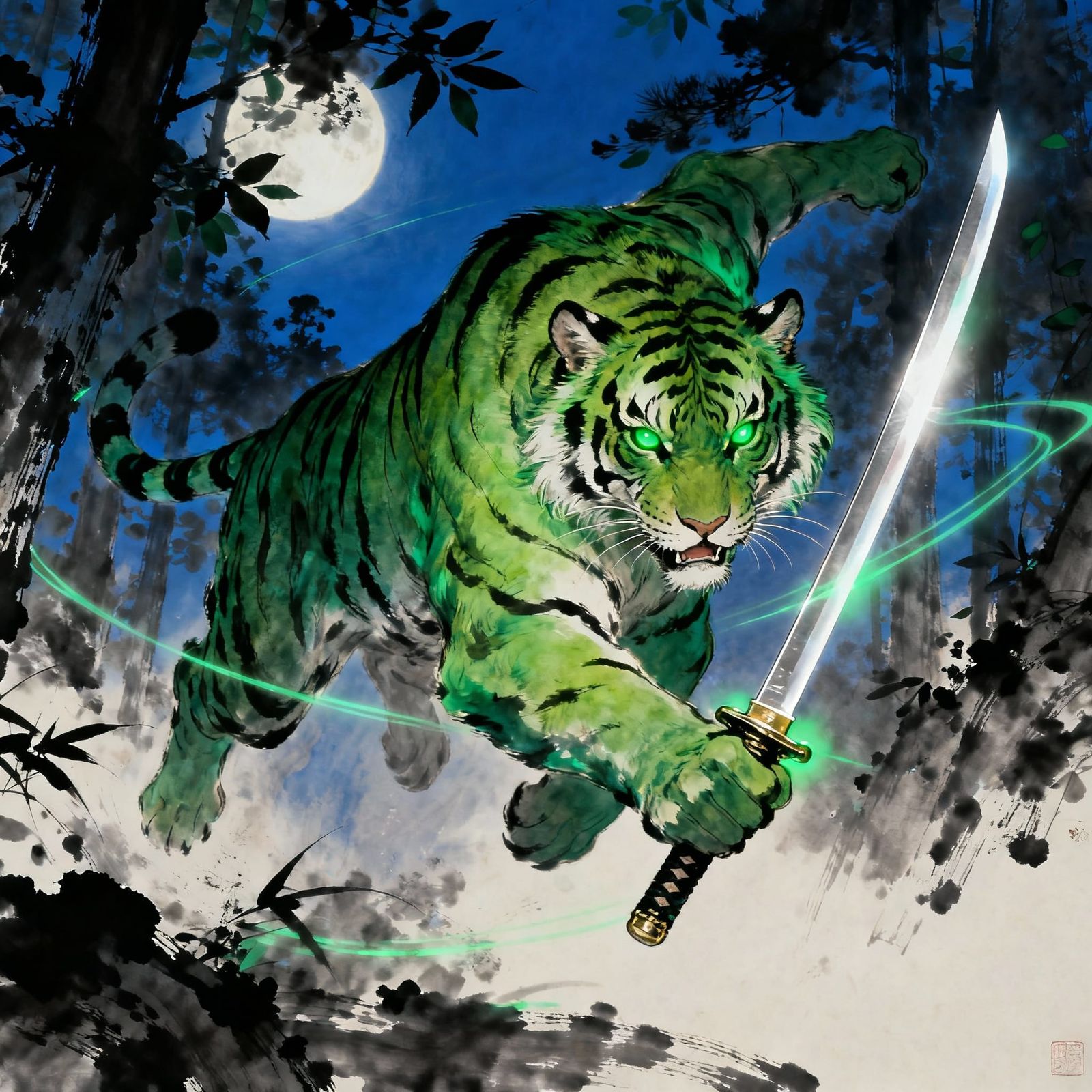 Green Tiger Swordsman in Twilight Japanese Forest