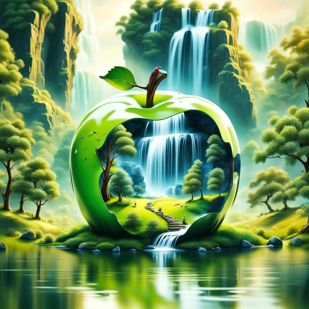 Glossy Apple Miniature with Waterfall Background