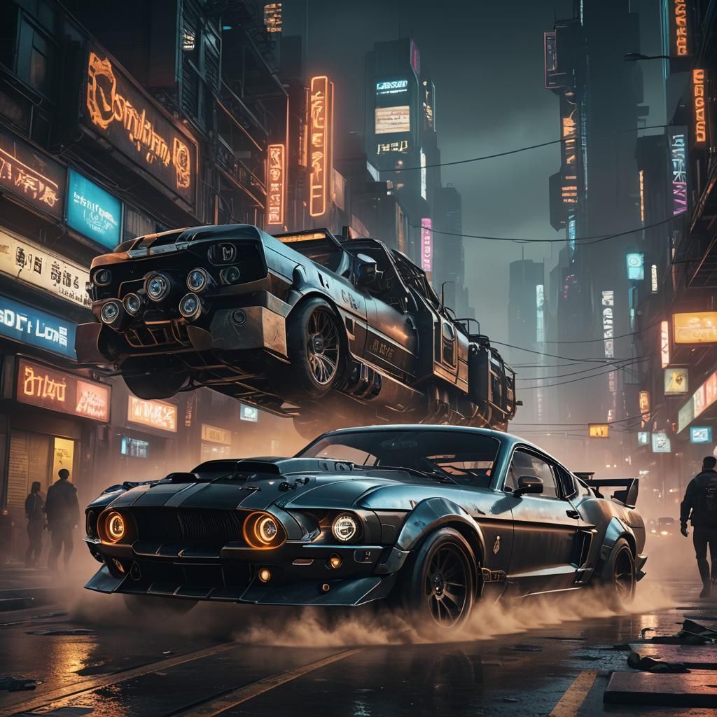 Cyberpunk Ford Shelby Trainplow in Futuristic City