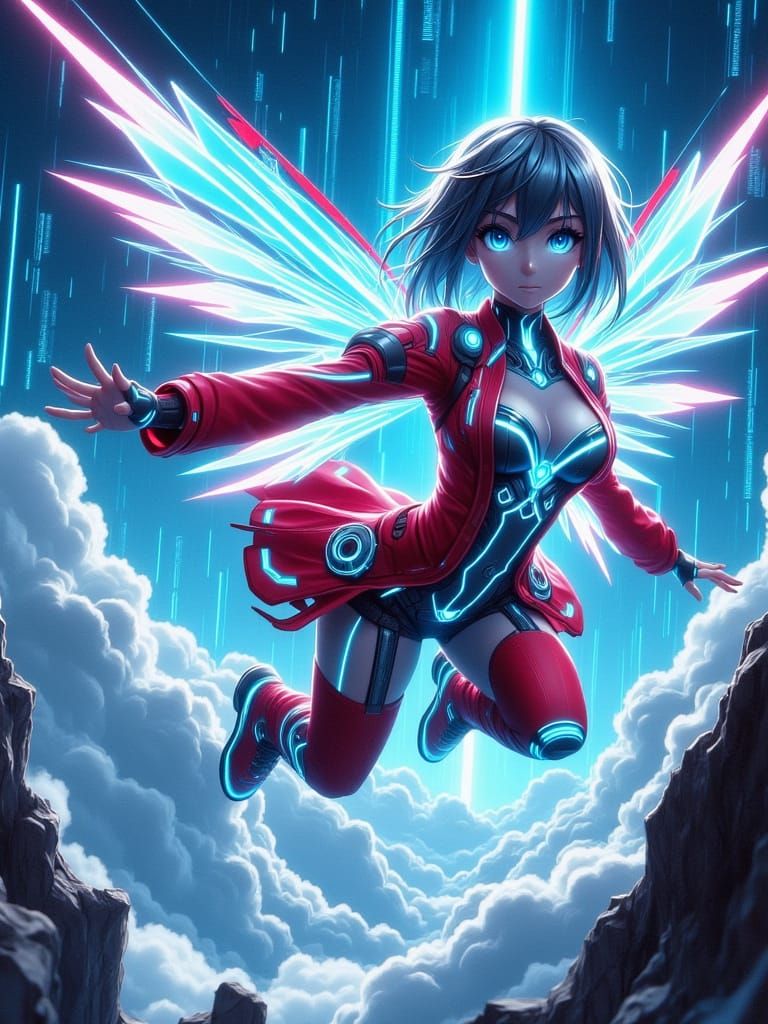 Anime TRON inspired winged female fairy, red, blue, with whi...