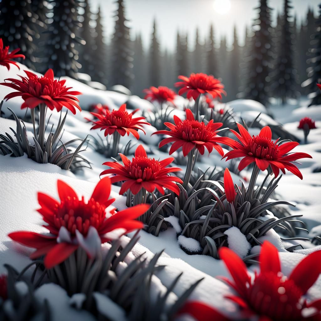 Monochrome Red Flowers in Snowy Landscape