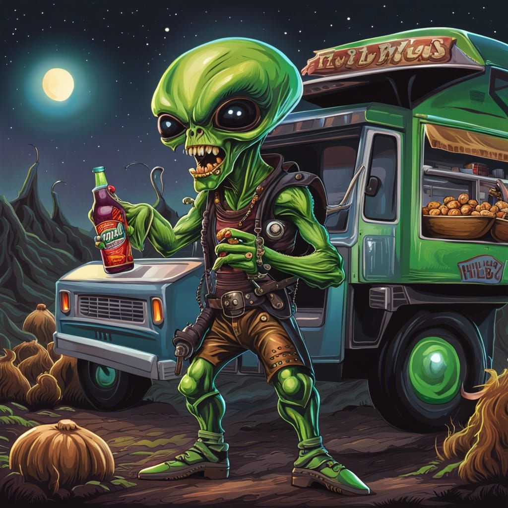 Alien Hillbilly at Food Truck, Heavy Metal Illustration