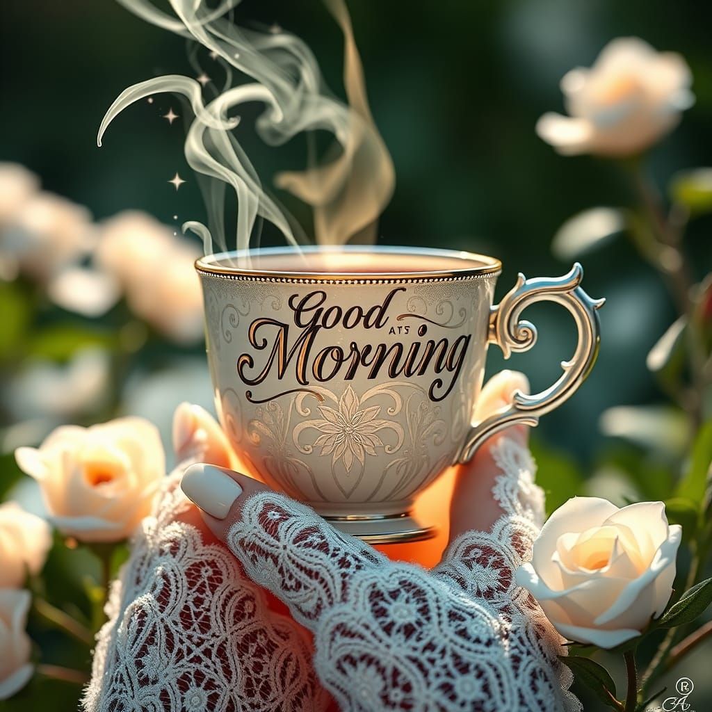 Ornate Coffee Cup with Lace Gloves in White Garden