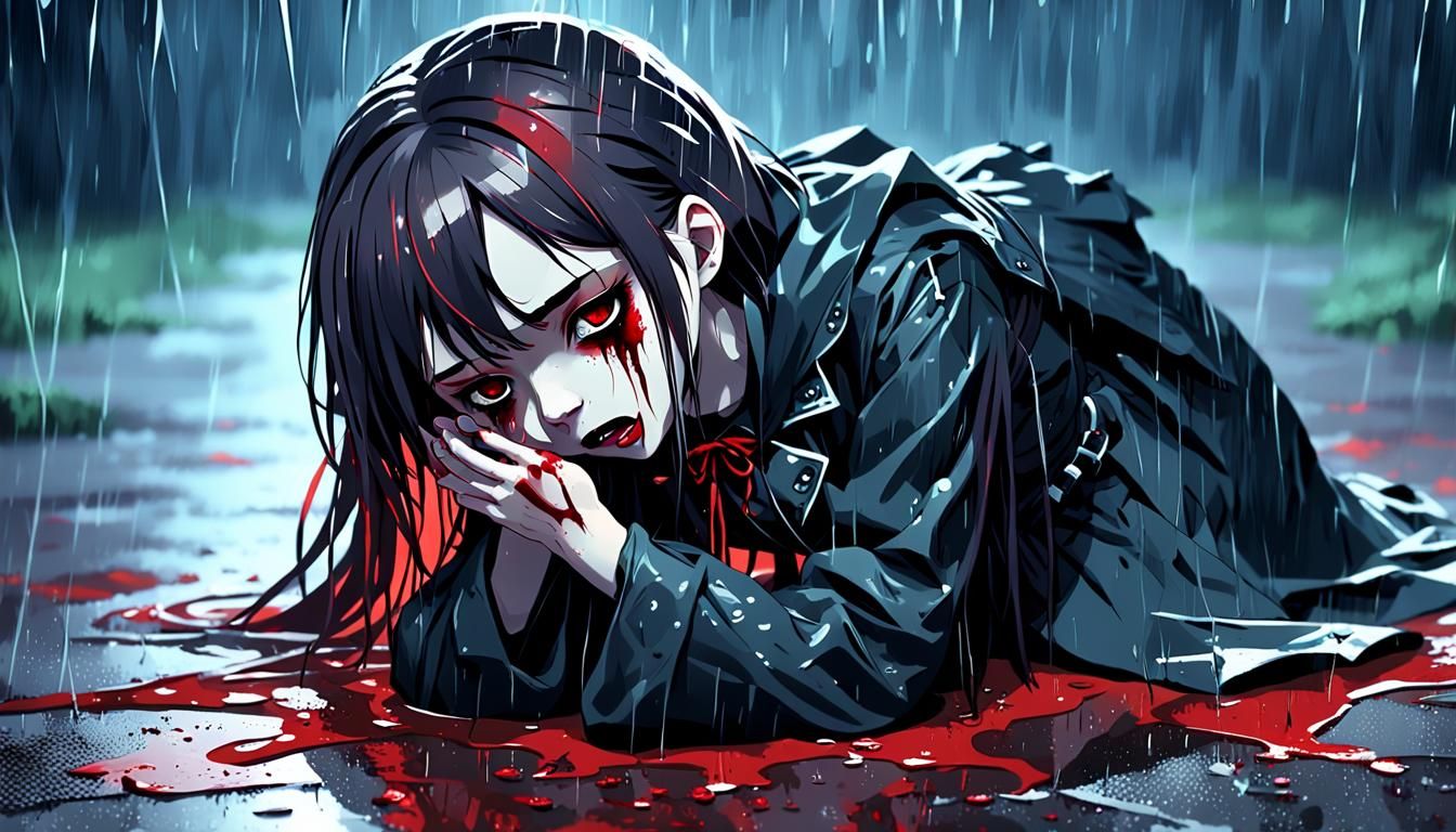 Gothic Anime Girl Weeping in Rainy Darkness