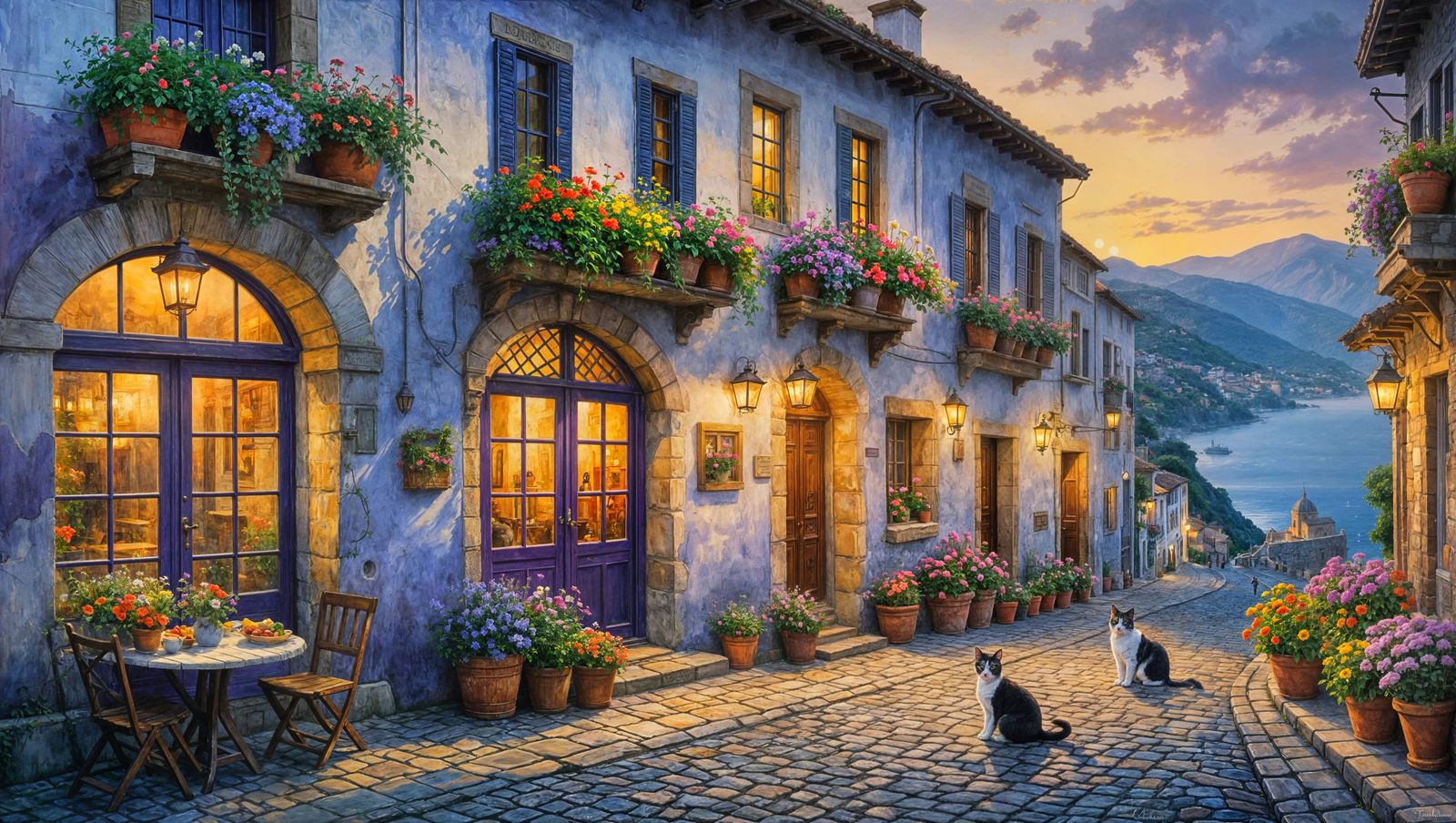 Cobbled Spanish Street Watercolor Painting at Sunset