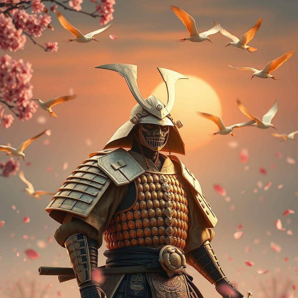 Samurai in Origami Armor with Cranes