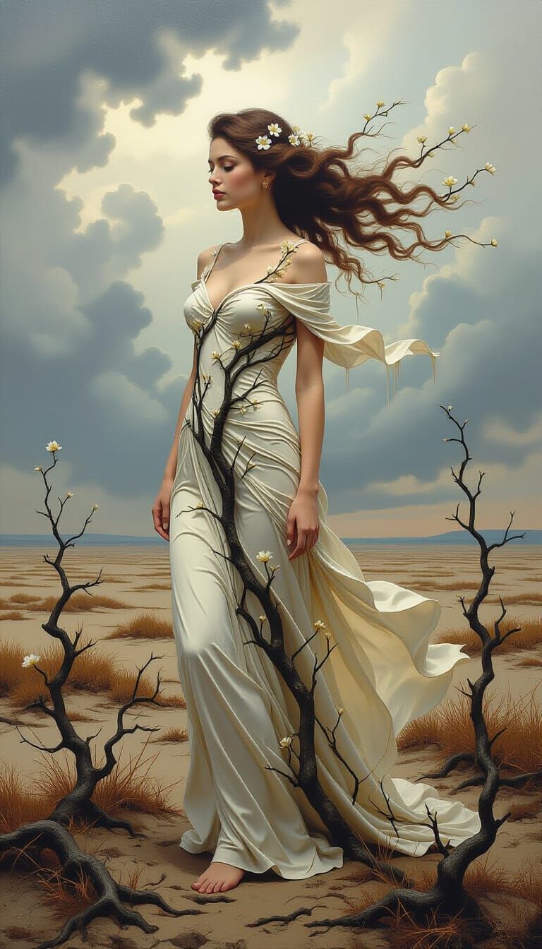 Blossoming Branch Woman in Windswept Landscape