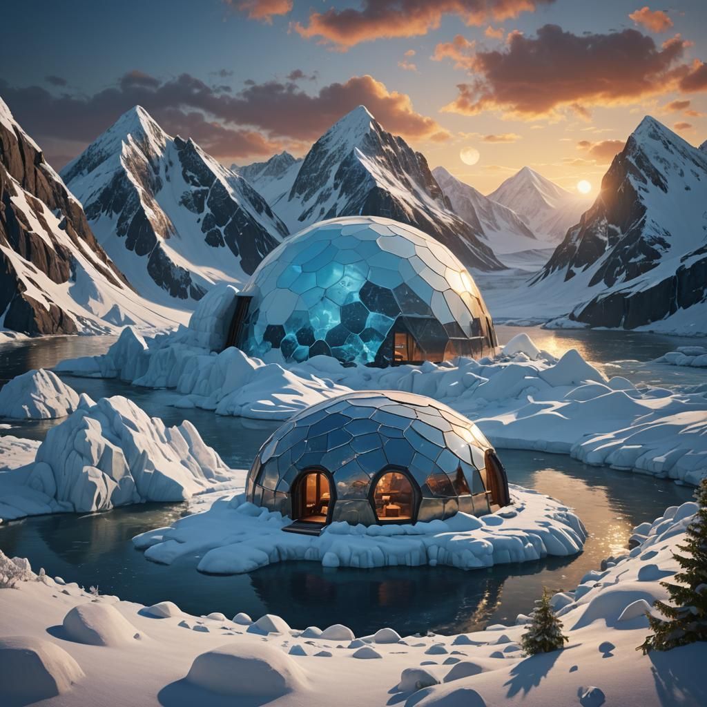 Polar Bear and Igloo at Sunset