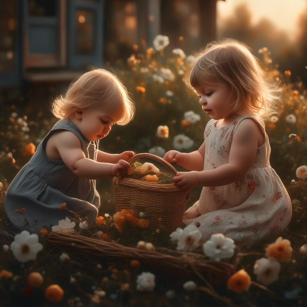 Toddler Siblings Play in Garden, Vintage Style