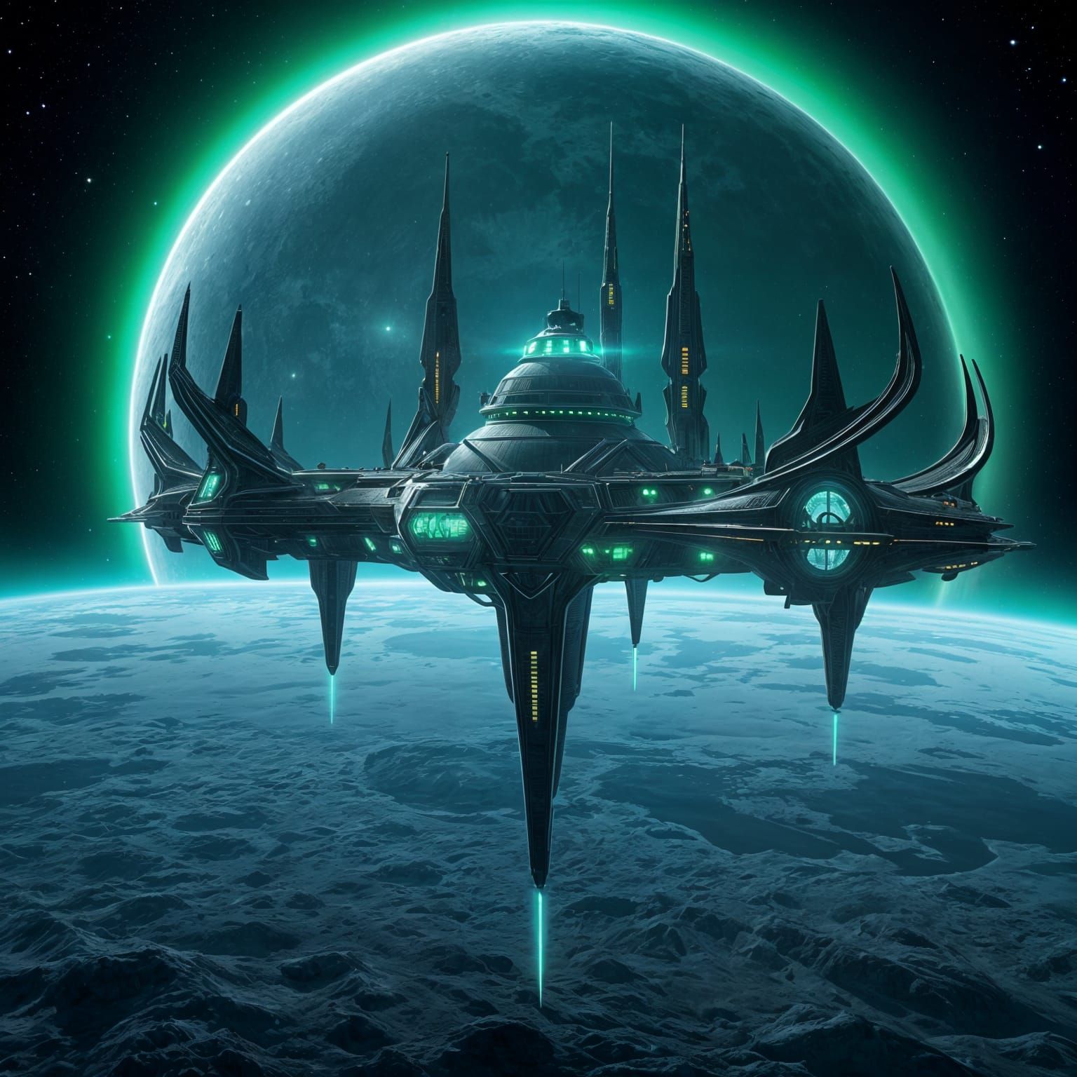 Ethereal Futuristic Fortress in Lunar Orbit