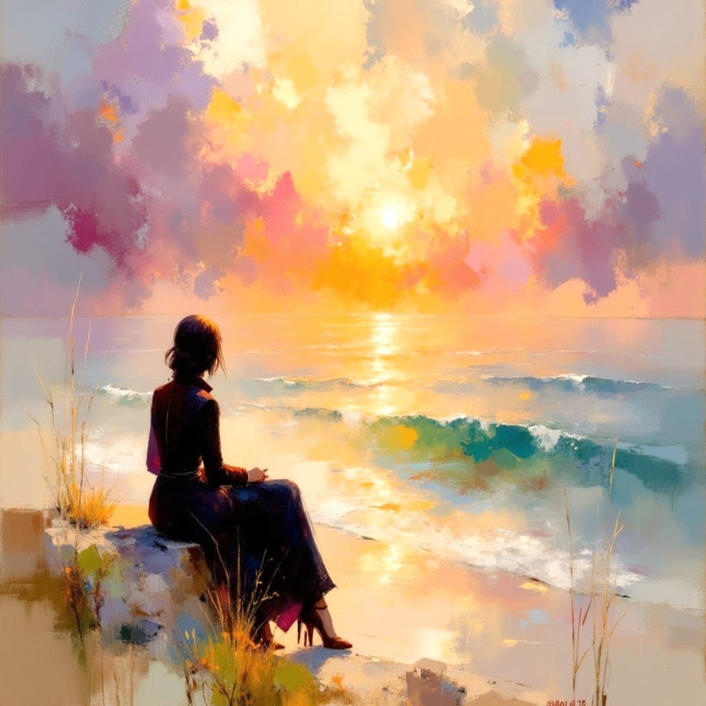 Serene Sunset on a Deserted Shoreline in Impressionist Style