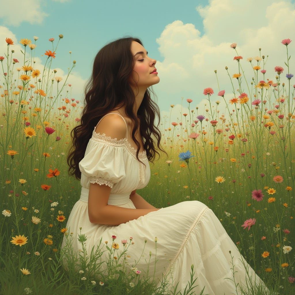 Ethereal Pre-Raphaelite Goddess Amidst Vibrant Wildflowers