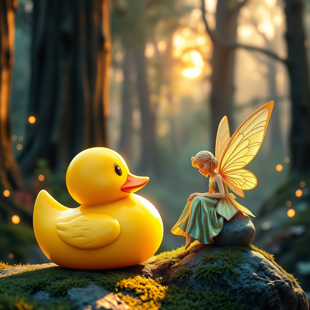 Yellow Rubber Duck and Fairy in Enchanted Forest