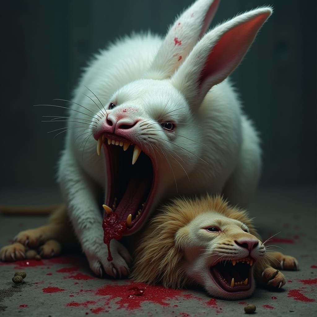 Ferocious Rabbit Devouring Lion in Dark Fantasy Art