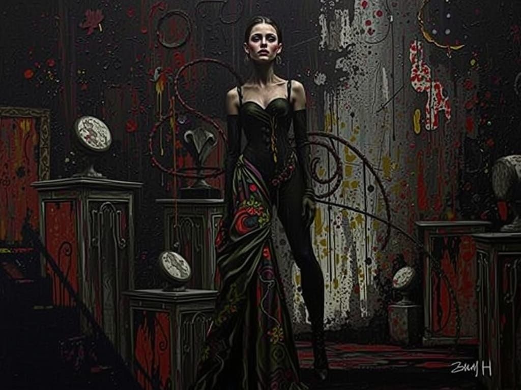 Impasto Oil Painting of Goth Fashion Model in Art Studio