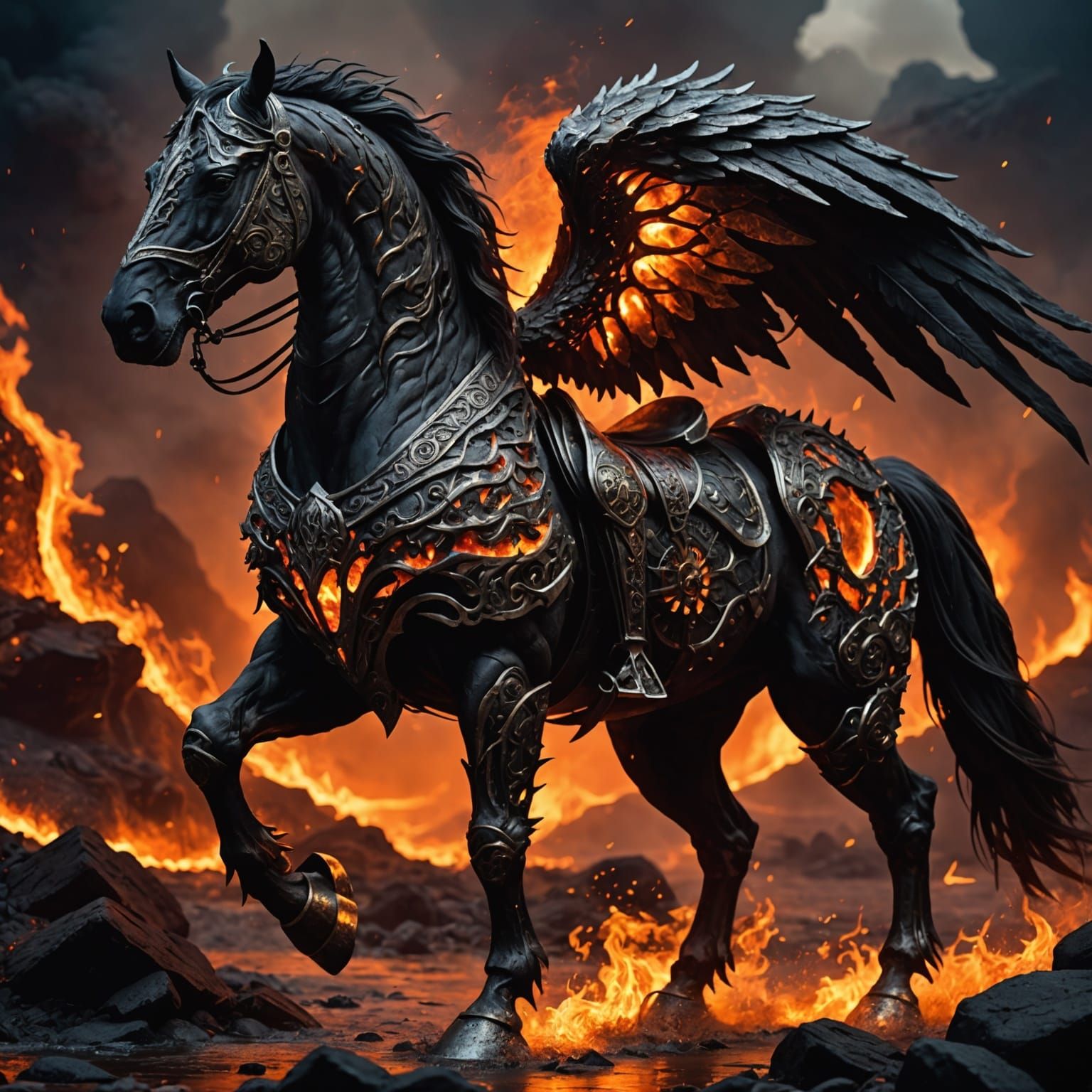 Ethereal Warhorse Ignites Lava Rivers in Dramatic Scene