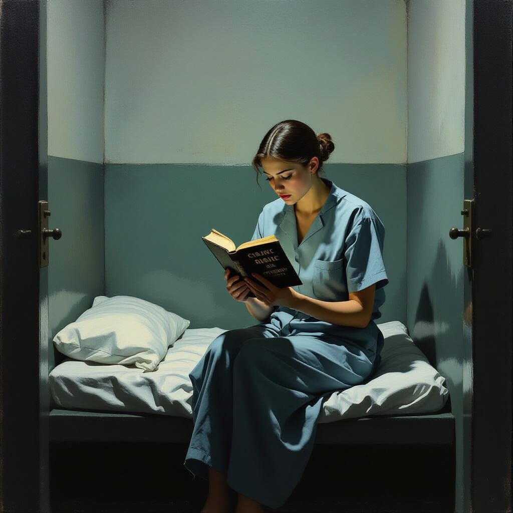 Contemplative Inmate Reading in Dim Cell, Abstract Style