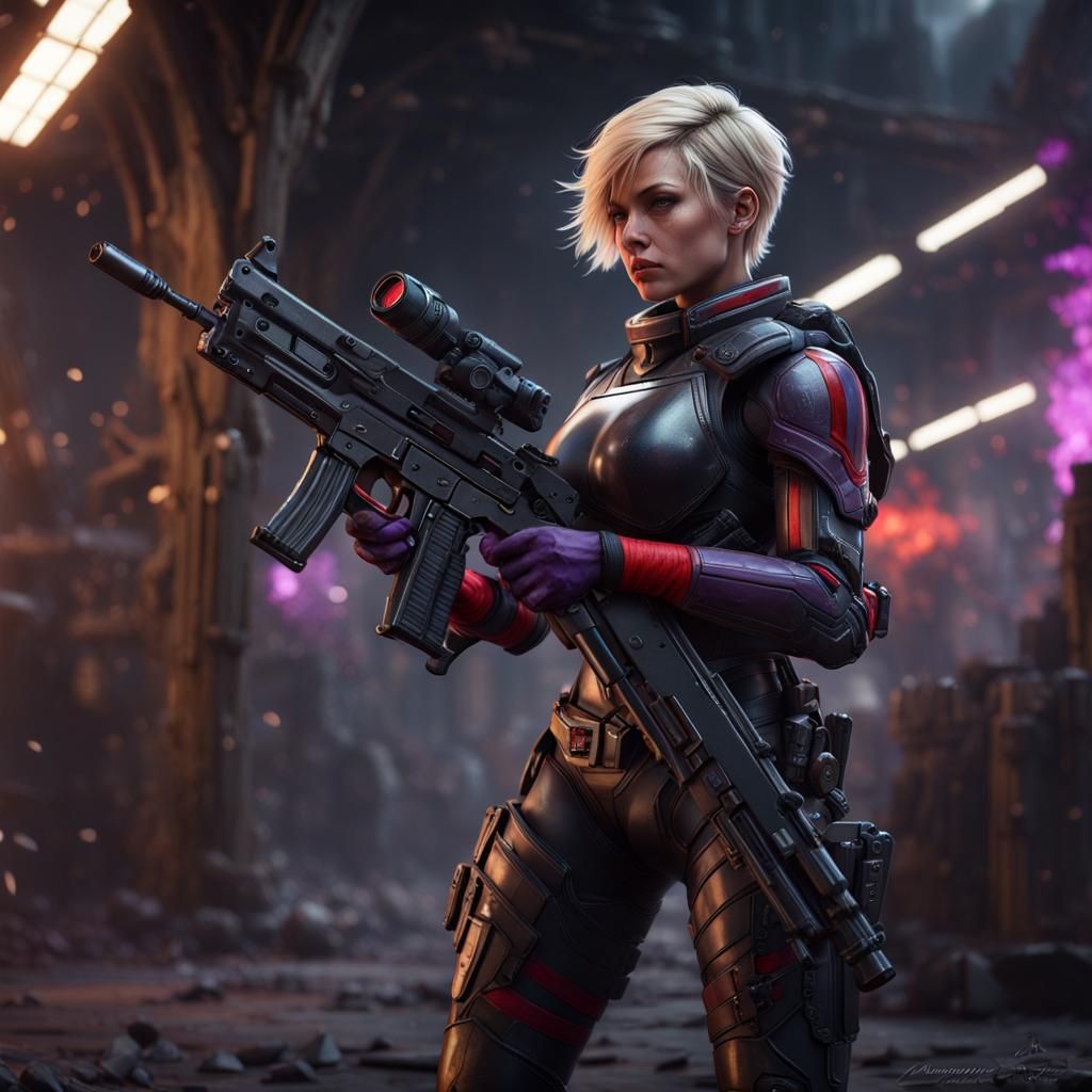 Sci-Fi Female Warrior in Black Armor, Digital Art