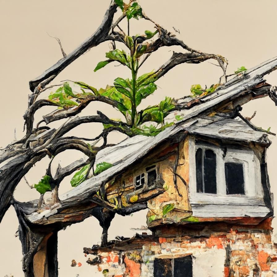 Tree Growing From House Roof: Kinetic Pointillism