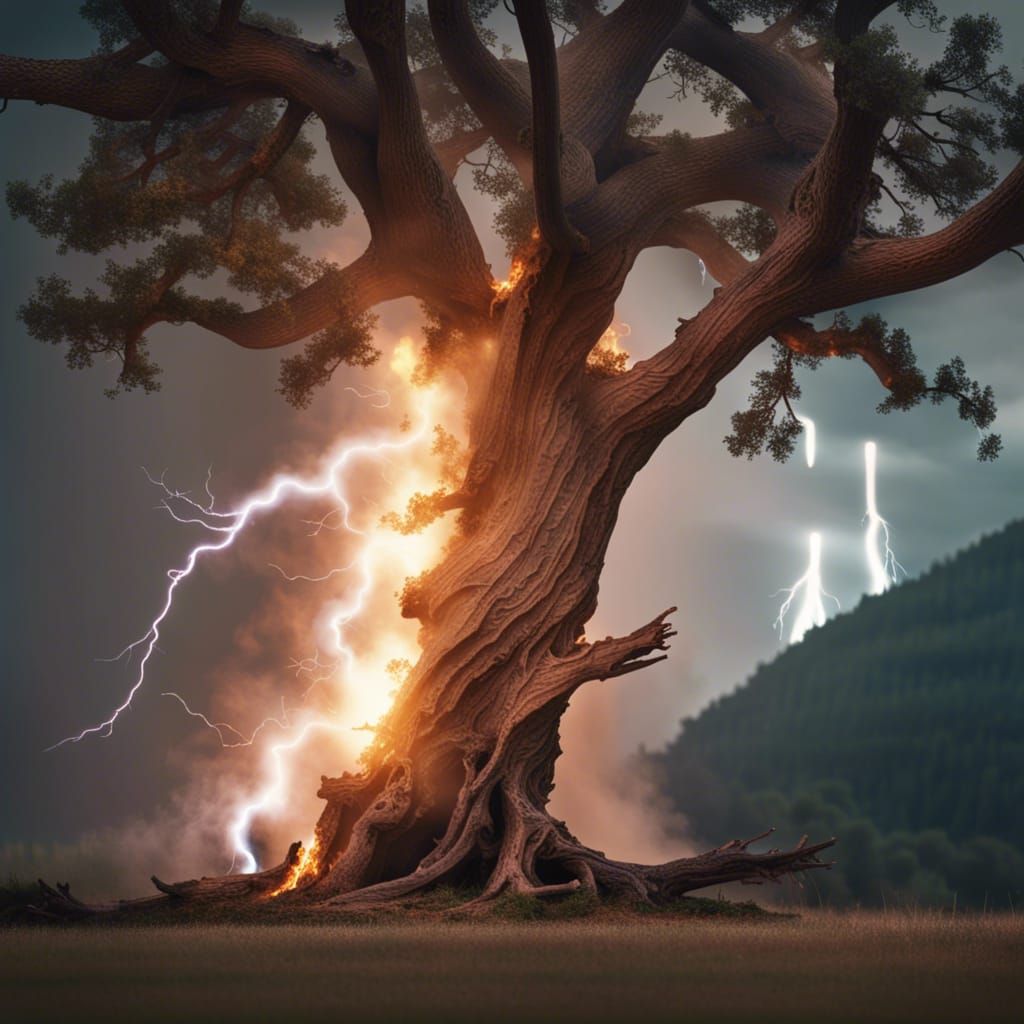 Lightning Strikes Burning Tree in Smoky Landscape