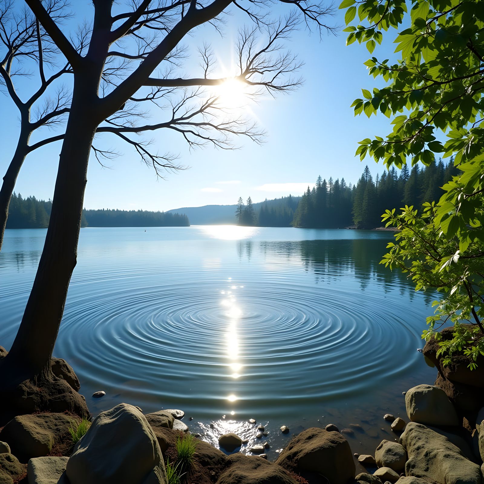 Serene Sunlit Lakeside Scene with Reflections