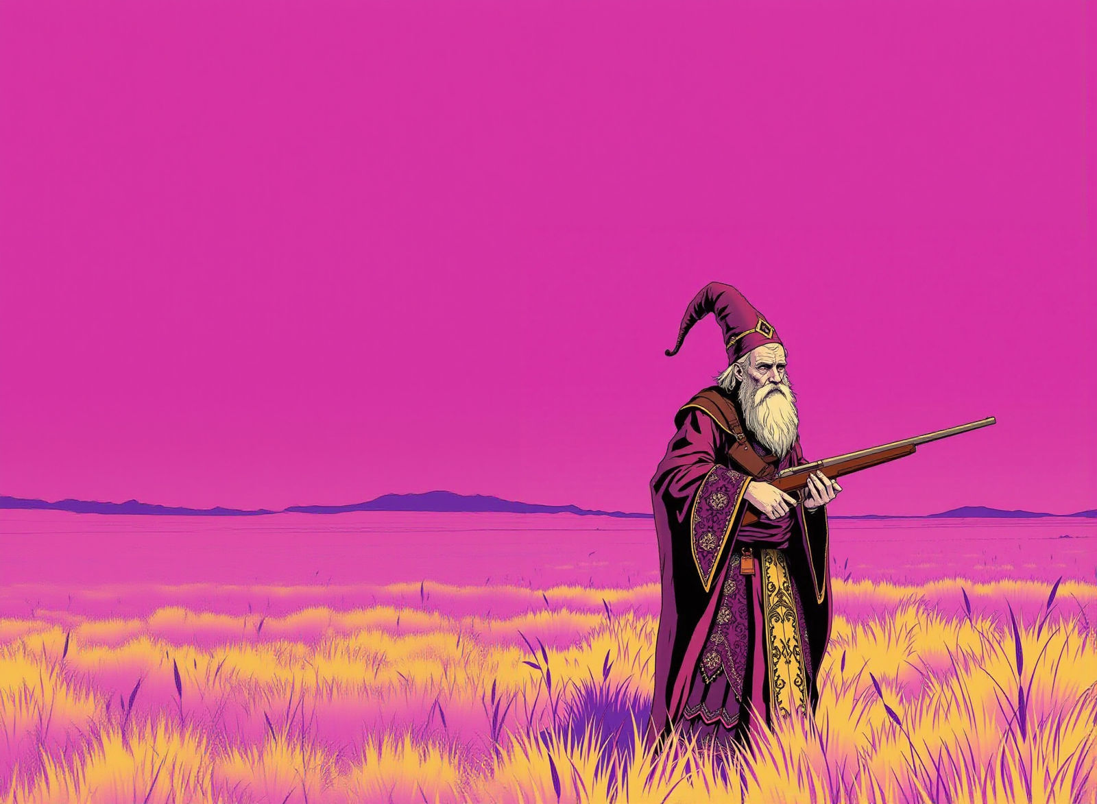 Surreal Wizard with Rifle in Ultraviolet Fantasy Landscape