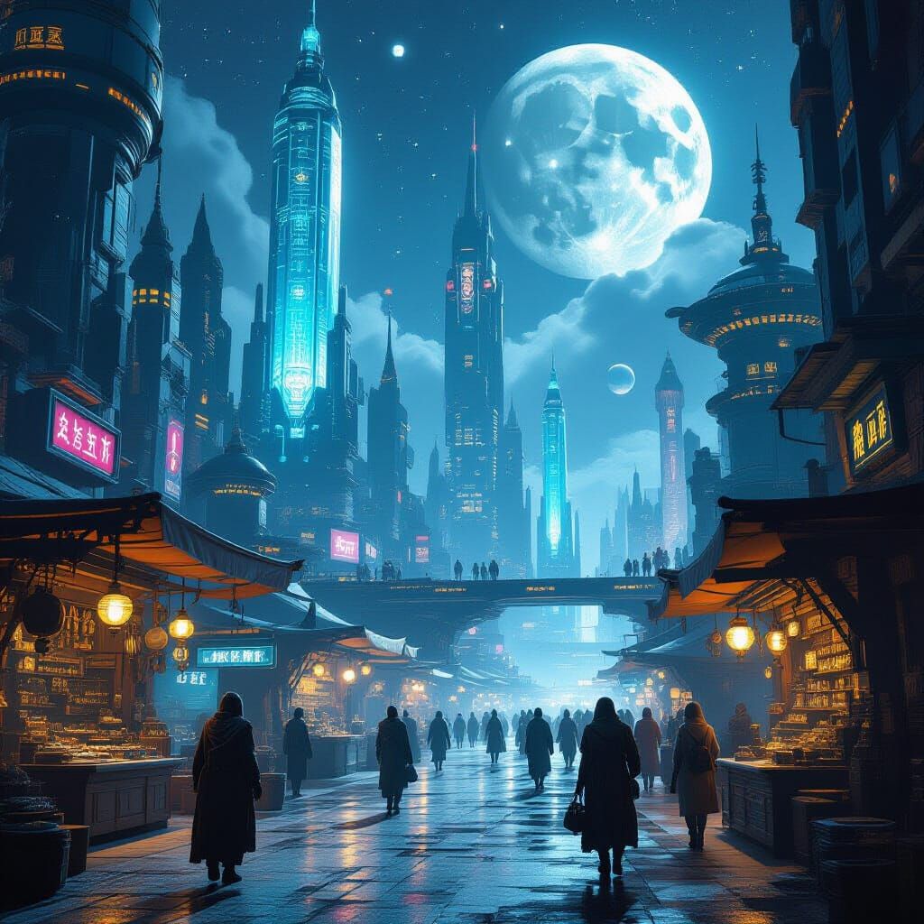 Futuristic Marketplace on Alien Moon Colony