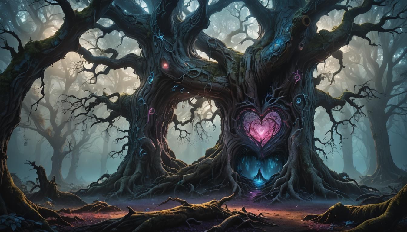 Eerie Hollow Tree in Dark Forest: Fantasy Art