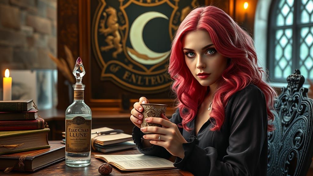 Elegant Young Woman in Castle Office