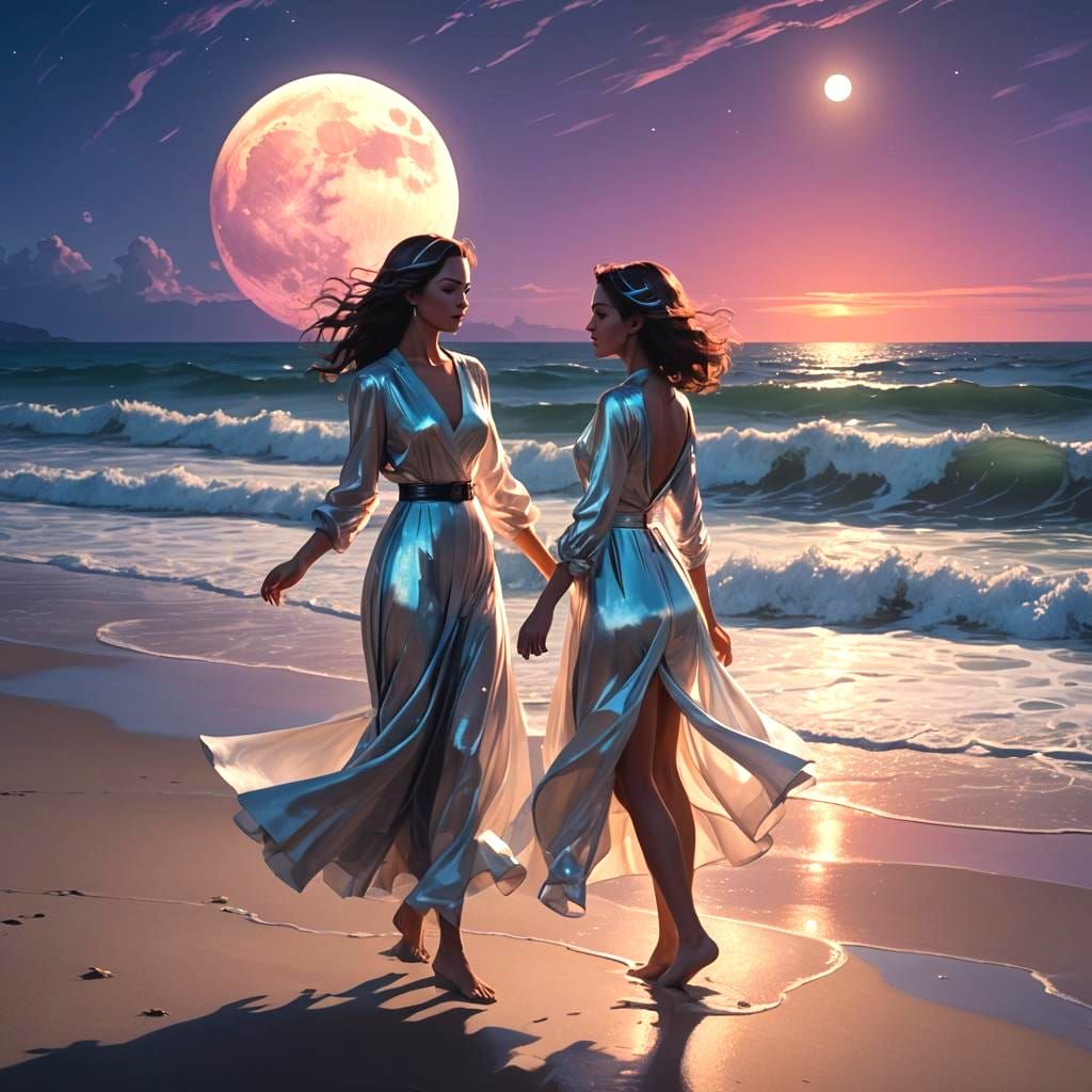 Wine Bottle Dances with Girl on Beach, Detailed Matte Painti...